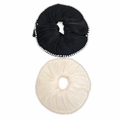 Parisian pearl scrunchie set featuring black and white satin hair ties with pearl embellishments