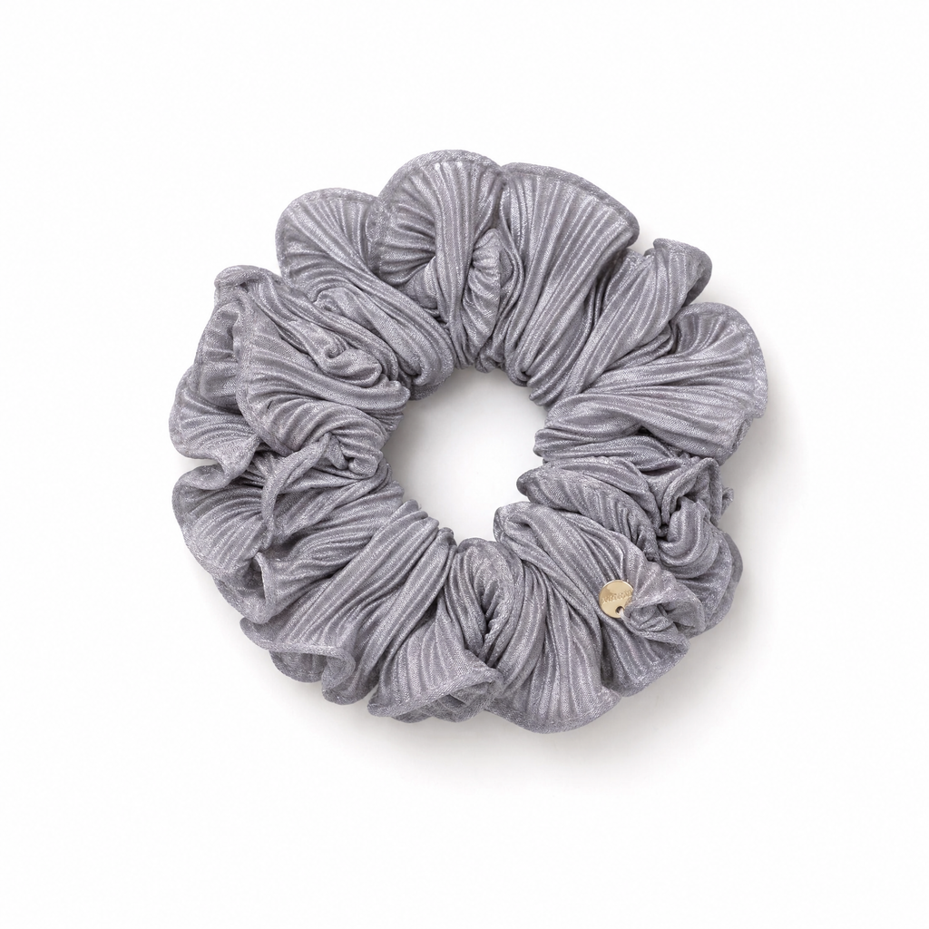 Dove grey satin scrunchie with smooth high-shine fabric