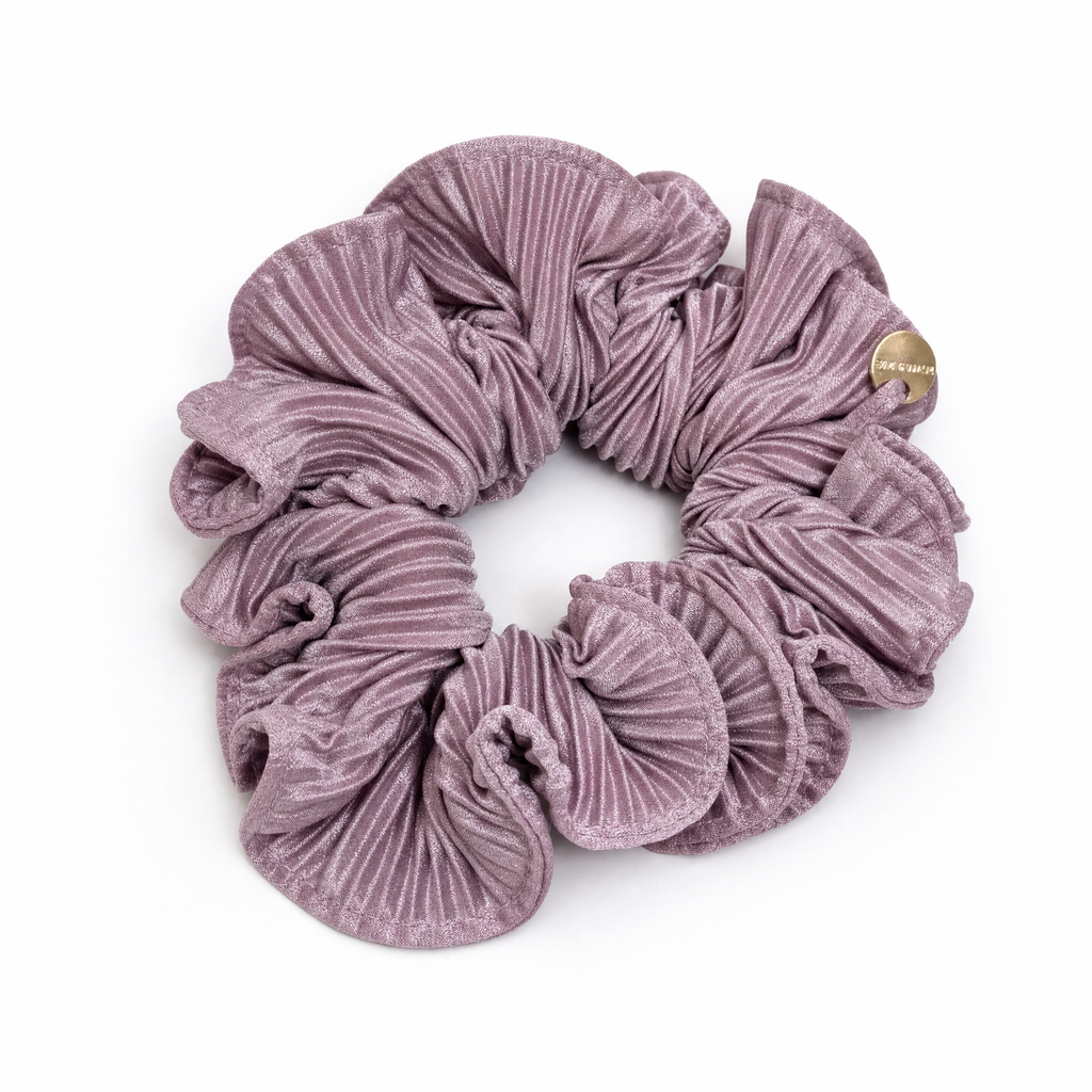 Rich plum satin scrunchie with a lustrous sheen and gentle elastic band
