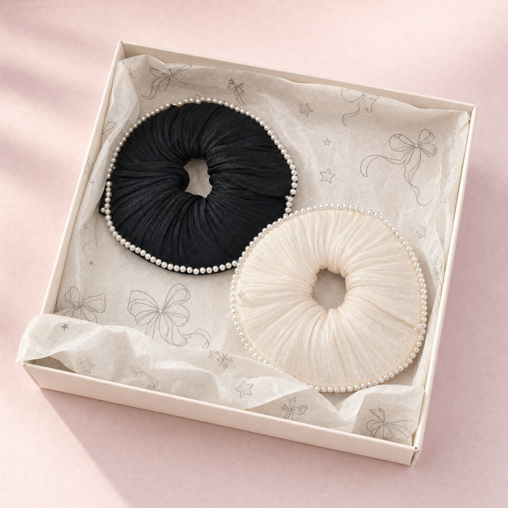 Lucky Bambi gift box packaging designed for a 2-piece Parisian pearl scrunchie set including black and white