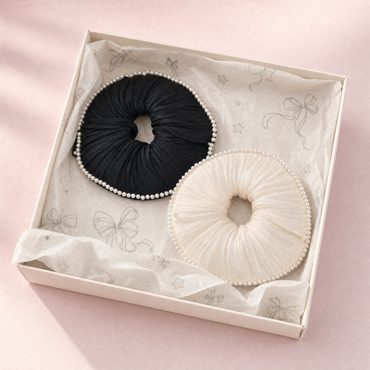 Lucky Bambi gift box packaging designed for a 2-piece Parisian pearl scrunchie set including black and white
