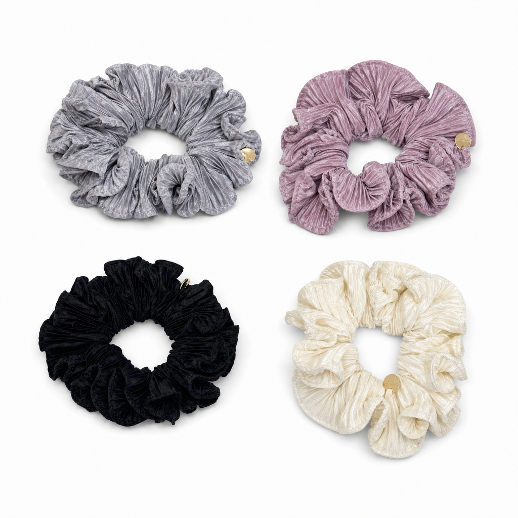 4-piece silky satin scrunchie set featuring dove grey, plum, black and cream color