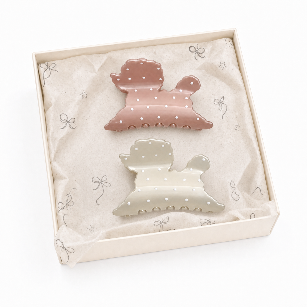 Multi-occasion hair clip gift box set featuring dusty rose and ivory puppy polka dot claw clips in elegant packaging