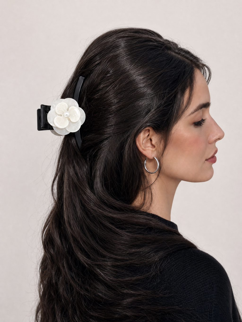 White Camellia Pearl Marble Big Claw Clip