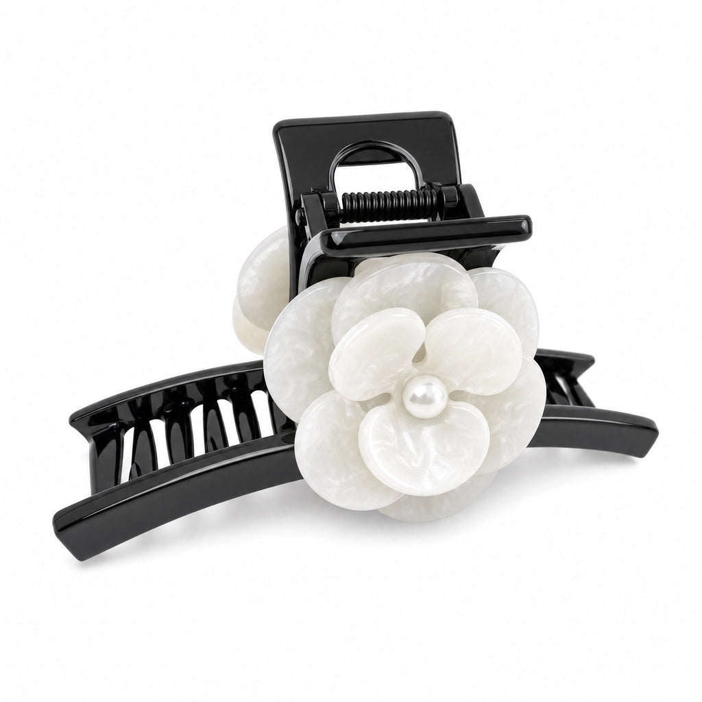 White Camellia Pearl Marble Big Claw Clip