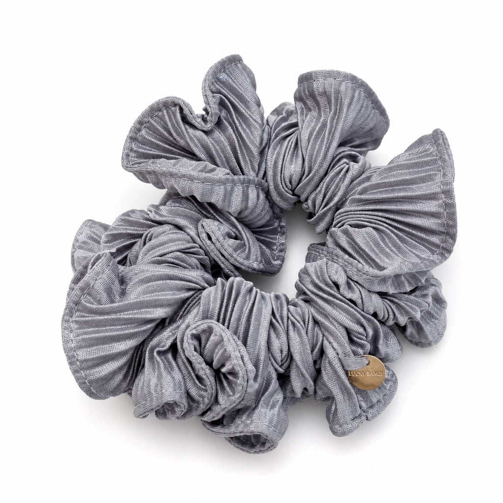 Dove grey satin scrunchie with smooth high-shine fabric