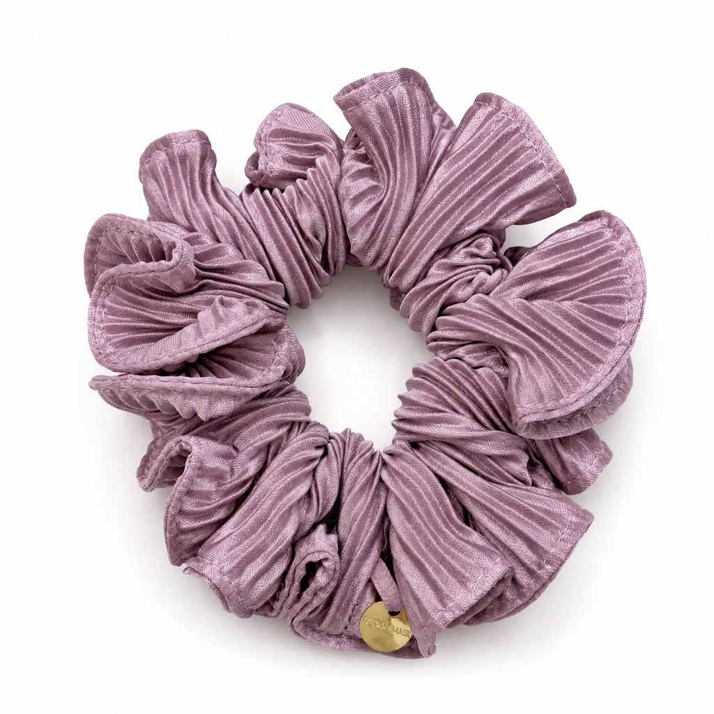 Rich plum satin scrunchie with a lustrous sheen and gentle elastic band