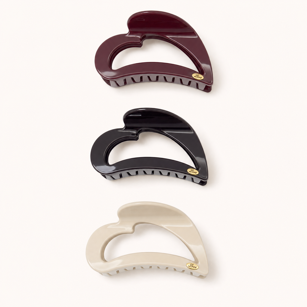 A set of three heart-shaped claw clips 
