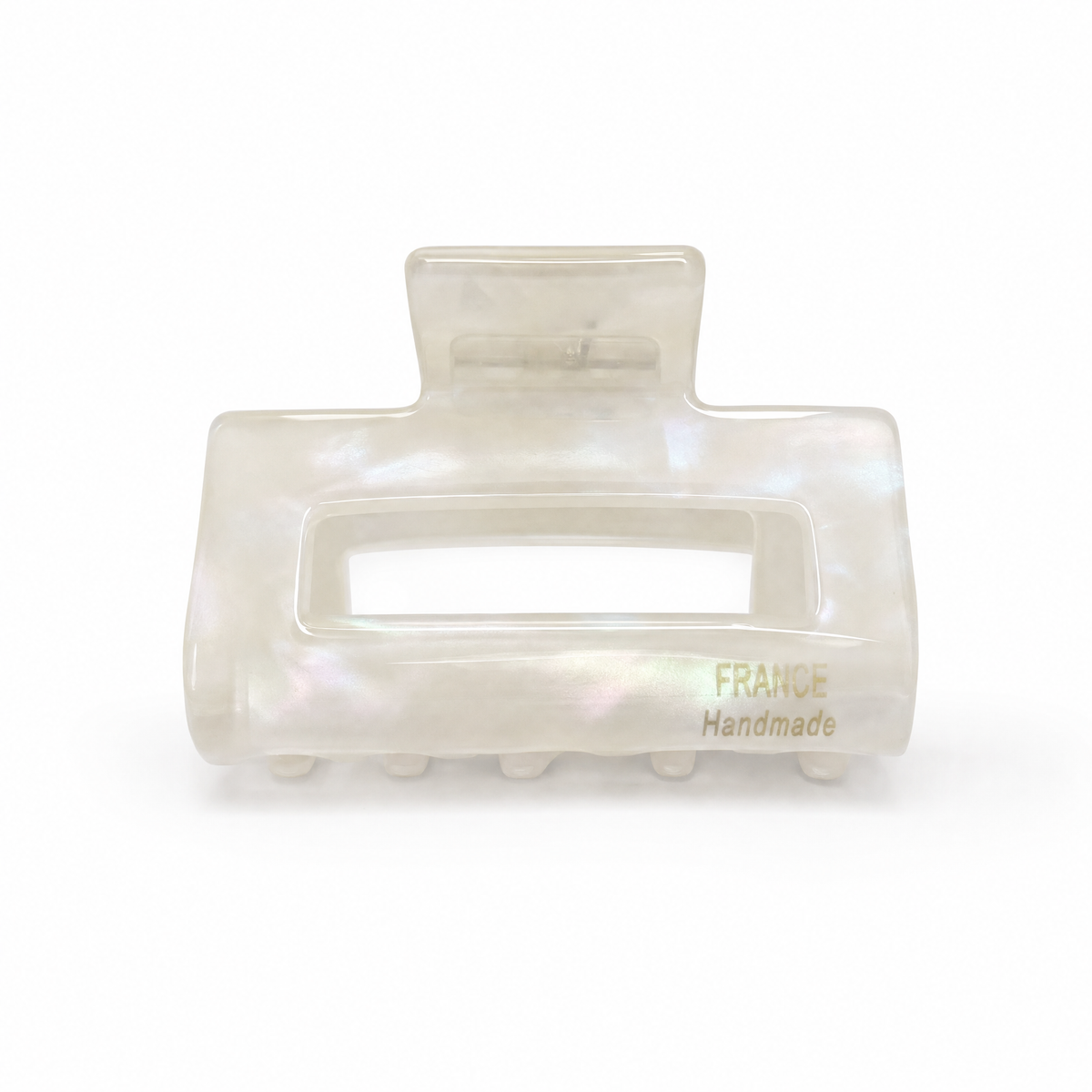 Minimalist pearl white French medium hair claw clip with a high-gloss finish