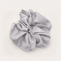 Light grey French silky hair scrunchie with smooth high-shine fabric