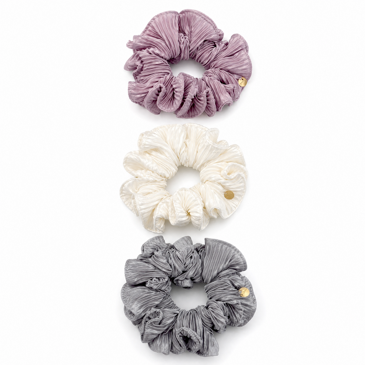 Satin scrunchie trio set featuring plum, cream, and dove grey color