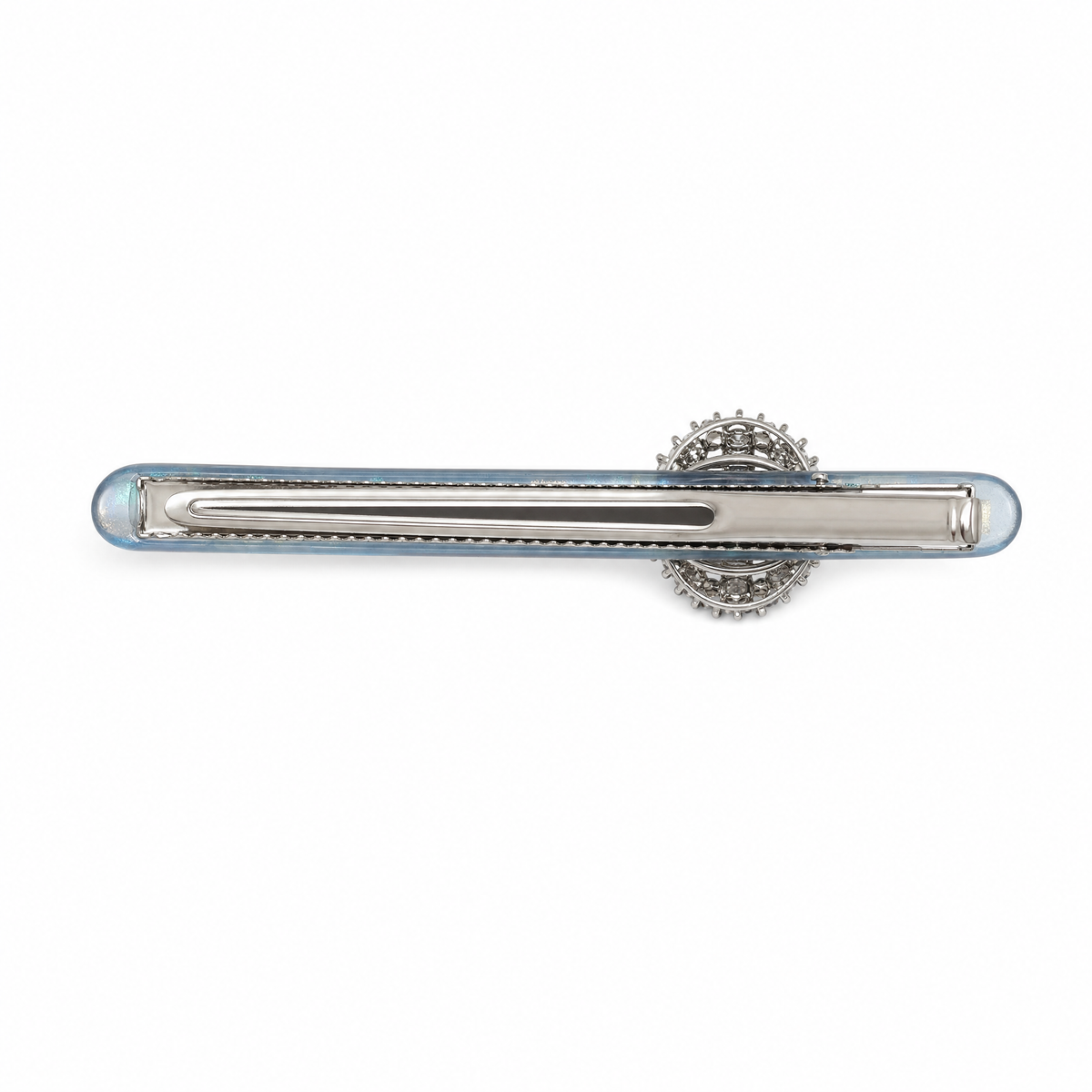 Side view of a blue rhinestone barrette showing the durable metal slide clasp for strong hold