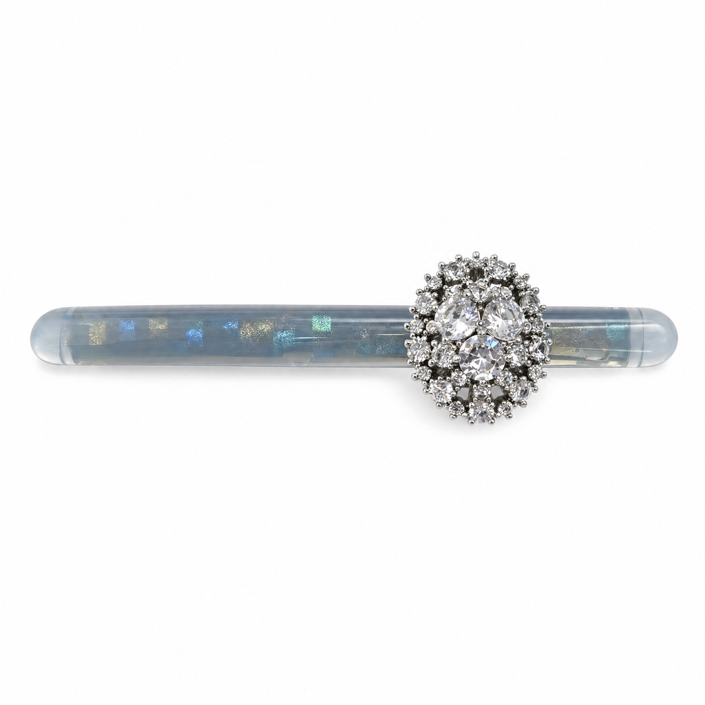 A vintage-style smoky blue hair barrette pin featuring sparkling crystal rhinestone embellishments