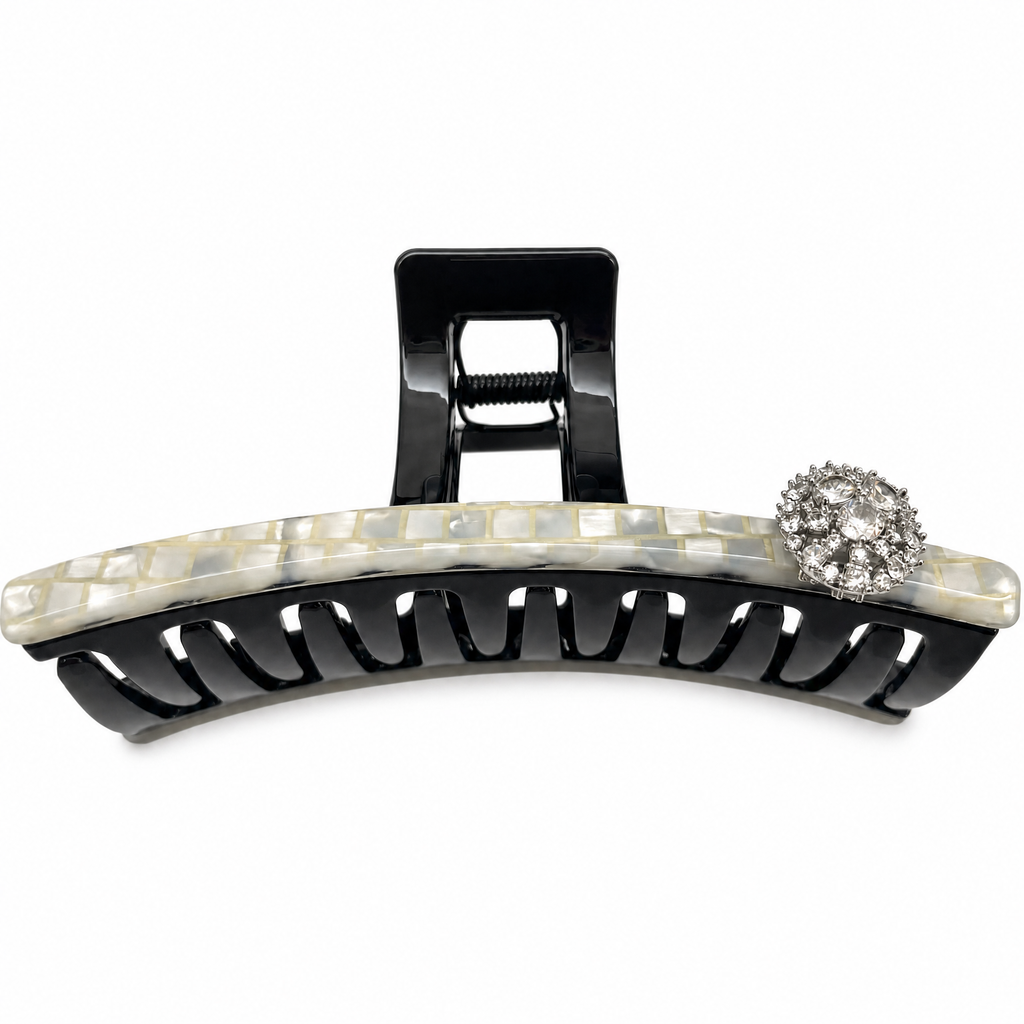Large white marble hair  claw clip adorned with luminous white pearls and a sparkling rhinestone 